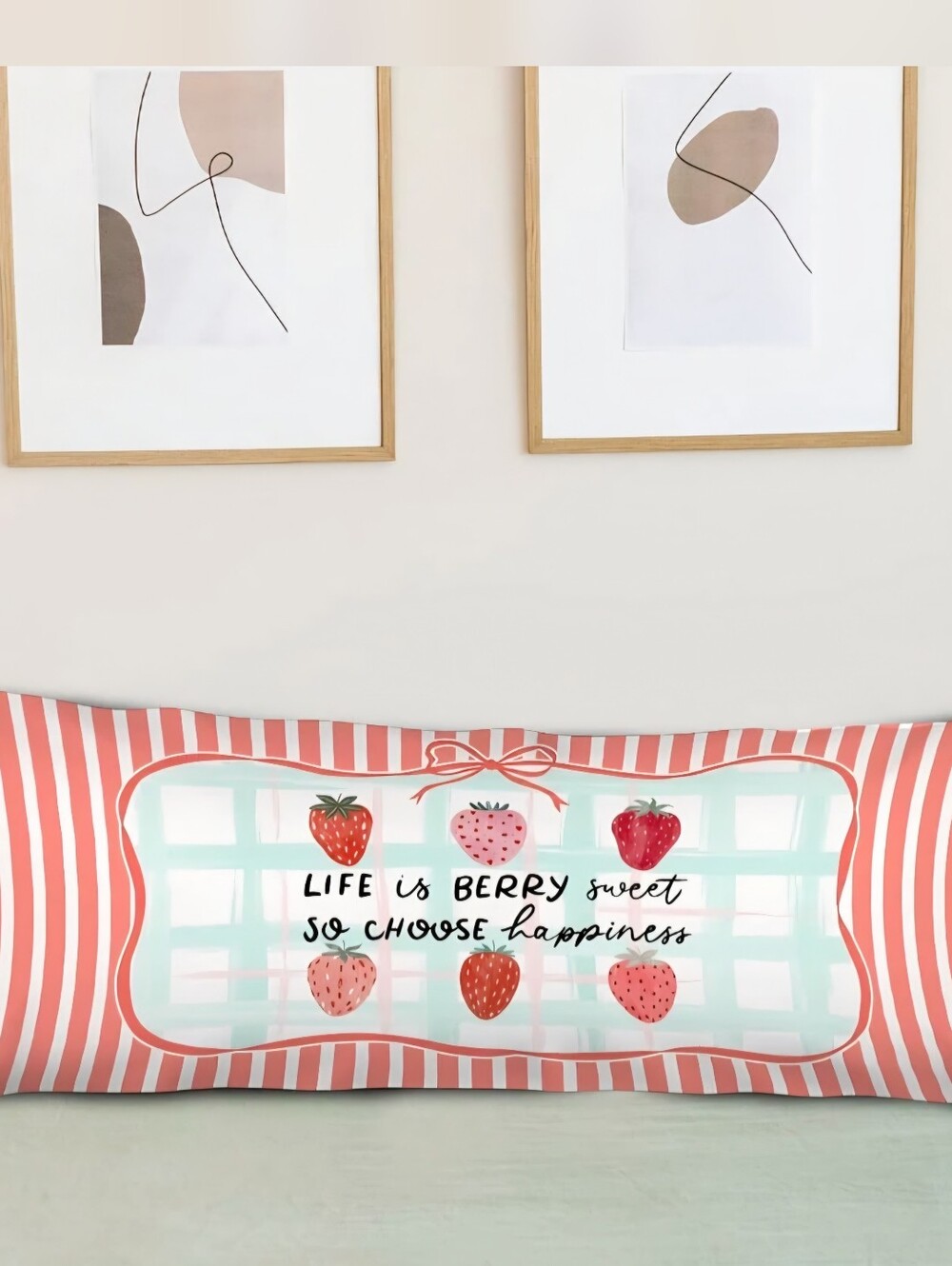 Strawberry Print Body Pillow Cover Pink Stripes Life is Berry Sweet Cottagecore